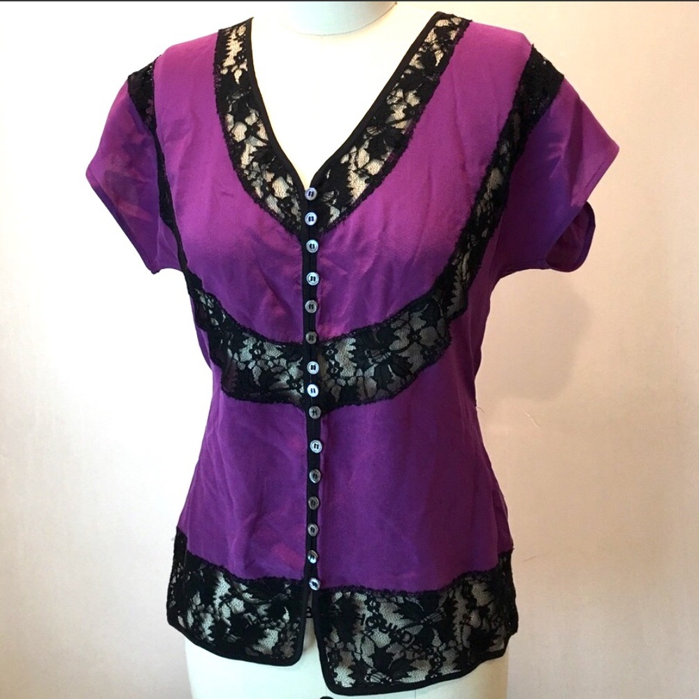Falls purple silk blouse lace trim size 2 XS